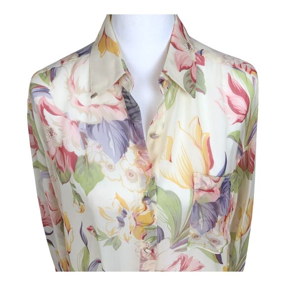 Adrienne Vittadini Elegant 100% Silk Sheer Butter Yellow Floral Summer Blouse S - Picture 9 of 11